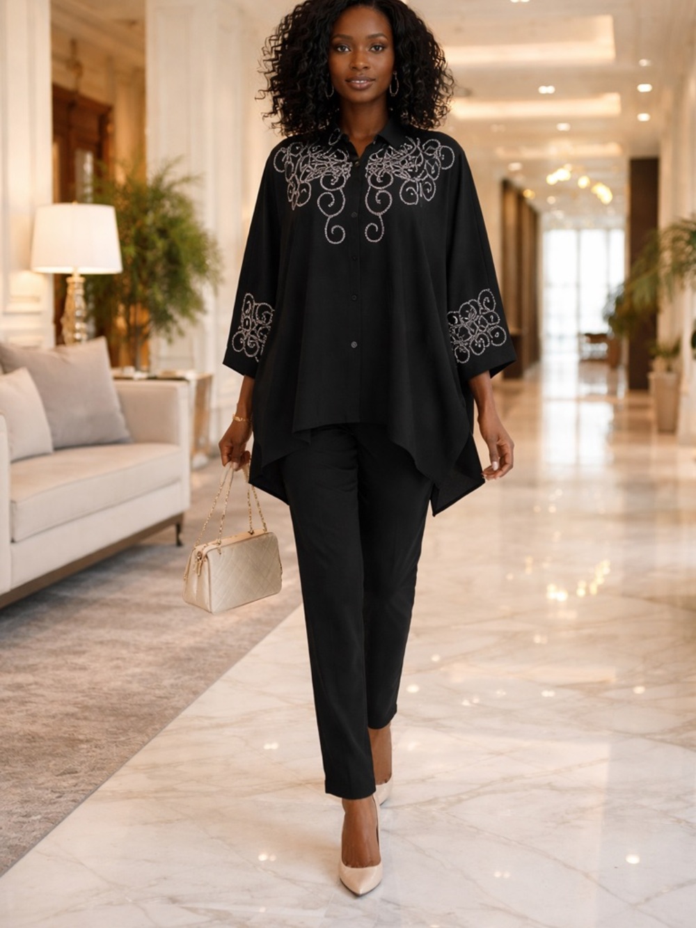 Black Embroidered Two-Piece Ankle Pants Set